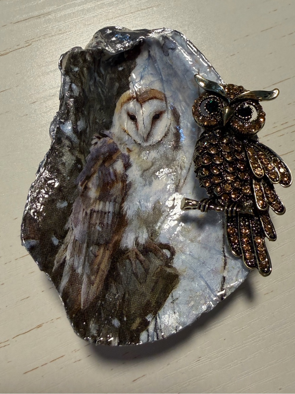 Beautiful handmade owl decoupage oyster trinket dish